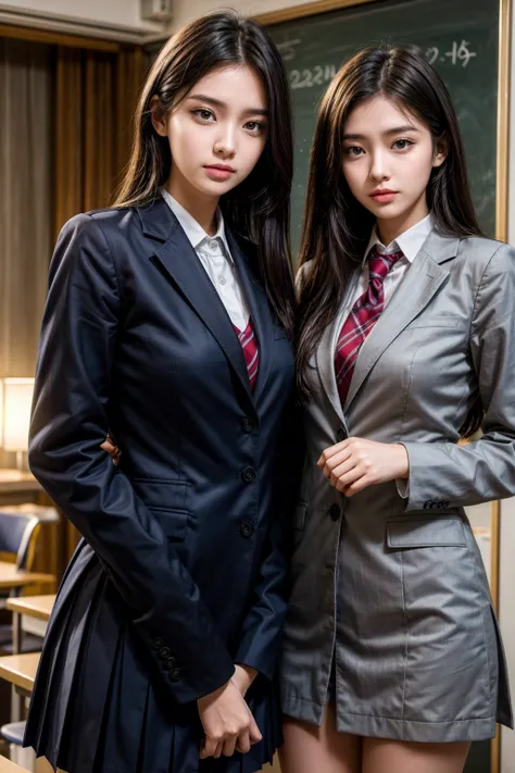 Romantic Student, Two female students in school uniform, Female couple, Tall and skinny, beautiful, Alumni, classmate