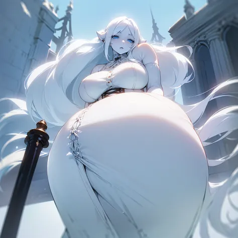 (((I want a single woman, White skin, long white hair with a hairstyle, cold blue eyes, slightly curvy body, medium breasts, Pear-shaped body , wearing a white dress with a corset, next to a horse)))