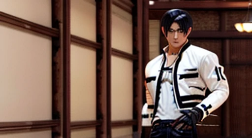 Kusanagi Kyo, Nest Kyo, KOF2002 2002, The King of Fighters 2002, Kusanagi Kyo 2002, White jacket, black t-shirts, Cross T-shirt, jeans, Fingerless gloves, Brown Hair,erection,pain,tall,Cool handsome young man