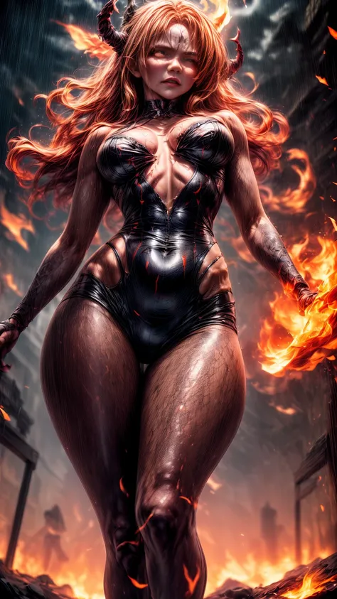 Cinematic effects, raining blood, from below, masterpiece, highest quality, dragonlady queen, perfect demoness, long legs, hourglass figure, curvy hips, perfect eyes, detailed eyes (1.4), slashed up body, cuts and deep wound on body, scars on face, villain...