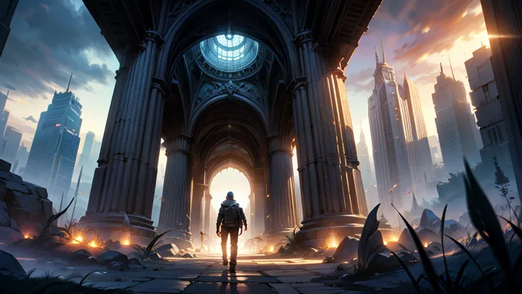 a dramatic landscape with multiple portals opening in the sky, strange creatures emerging from the portals, a crowd of people gazing up at the sky, a 22-year-old teenager looking up at the sky, dark cloudy sky, dramatic lighting, cinematic composition, hig...