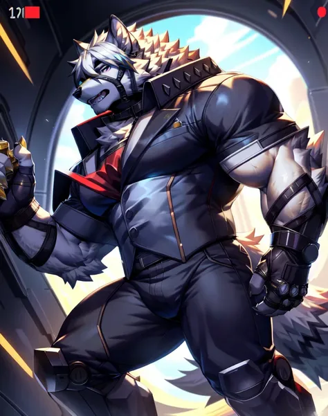 solo, anthro, furry, furry male, wolf, ((fluffy fur, fluffy, furry body)), (wolf print), red eyes, hair tuft, long hair, (light blue body, blue body, muscles), wolf tail, ((white hair,)), (white muzzle, white forearms), leg raised, pocket watch, gold pocke...