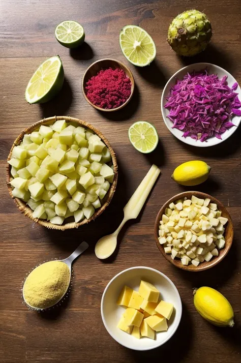 make me a realistic background with these ingredients Cane flower rum . Piña, aguaymanto, prickly pear and Lucuma. I want them to be seen on a table from a top view photo. I want the fruits as they are and whole