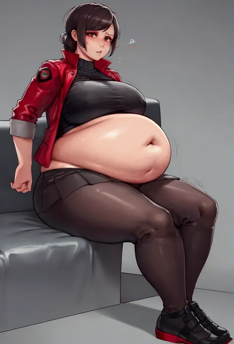 Big rumbling belly, very giant belly and legs, gurgl, sexy, red jacket, skirt, Sitting on the couch, thick, big stomach, big belly, thick belly, very thick, round-faced, safe for work, heavy, huge (Best quality, masterpiece), Ada Wong, resident evil, stoma...