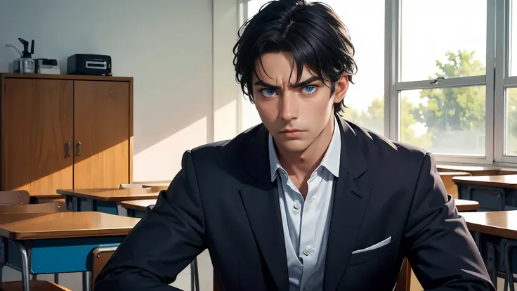 Masterpiece, high quality, best quality, beautiful, HD, realistic, perfect lighting, detailed face, detailed body, 1 man, black hair, blue eyes, masculinity, suit , (dull expression: 1.5) (face natural: 1.5), sitting in the classroom