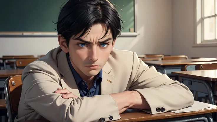 Masterpiece, high quality, best quality, beautiful, HD, realistic, perfect lighting, detailed face, detailed body, 1 man, black hair, blue eyes, masculinity, suit , (dull expression: 1.5) (face natural: 1.5), sitting in the classroom