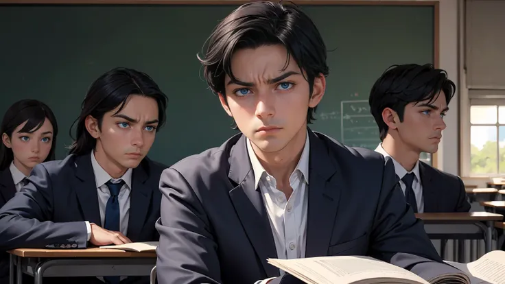 Masterpiece, high quality, best quality, beautiful, HD, realistic, perfect lighting, detailed face, detailed body, 1 man, black hair, blue eyes, masculinity, suit , (dull expression: 1.5) (face natural: 1.5), sitting in the classroom