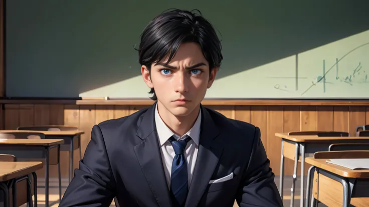 Masterpiece, high quality, best quality, beautiful, HD, realistic, perfect lighting, detailed face, detailed body, 1 girl, black hair, blue eyes, masculinity, suit , (dull expression: 1.5) (face natural: 1.5), sitting in the classroom