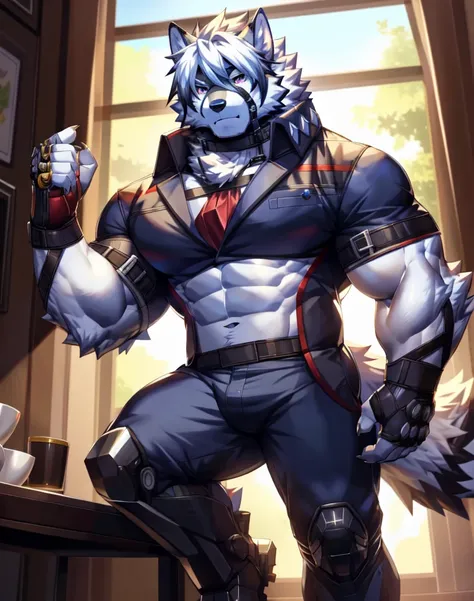 solo, anthro, furry, furry male, wolf, ((fluffy fur, fluffy, furry body)), (wolf print), red eyes, hair tuft, long hair, (light blue body, blue body, lean muscles), wolf tail, ((white hair,)), (white muzzle, white forearms), leg raised, pocket watch, gold ...