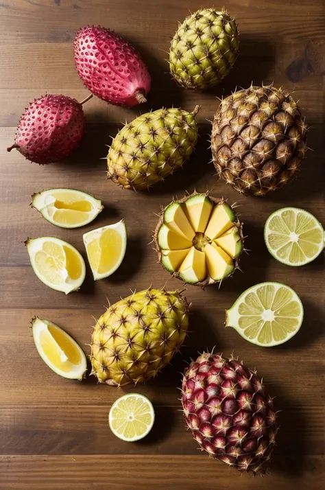 make me a realistic background with these Peruvian ingredientsFlor de cane rum . Piña, Peruvian mantle, Peruvian prickly pear and Peruvian Lucuma. I want them to be seen on a table from a top view photo. I want the fruits as they are and whole.