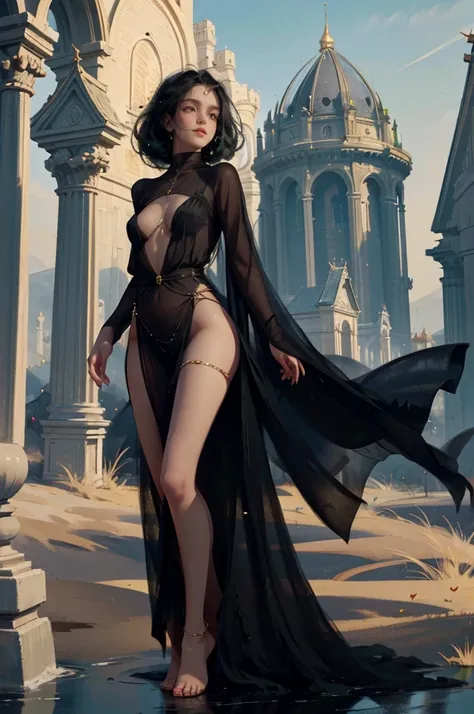 ((aeolian)), 1 girl, beautiful face, green eyes, Princess, small breasts, very long black hair, slim body with long legs, full body view, perfect bare feet, perfect fingers, walking through village, ((wearing black gown)), thighs spread wide, bare groin