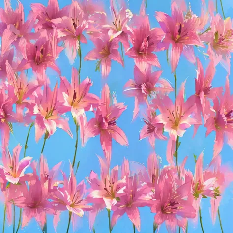 a close up of a bunch of pink flowers on a blue background, lily flowers. Eight thousand, lily flowers, lily, lily, lily flower, lily petals, lily, rubrum lily, flower, flower background, flowers background, big lily, pink flowers, flower的, flower的 flowers...