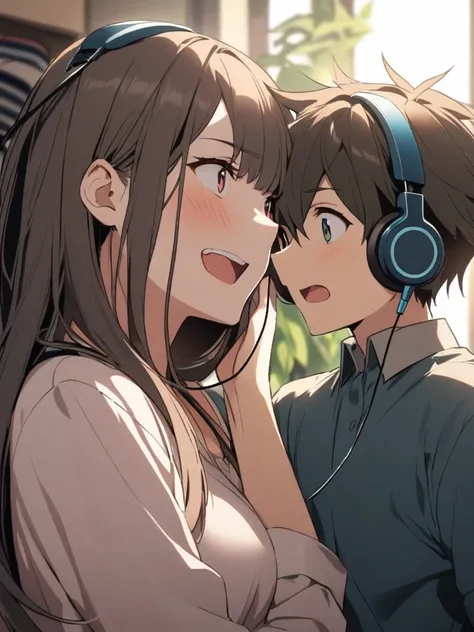 A young man putting headphones on a woman while she gets excited.