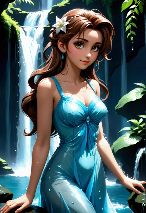 (Realisttic:1.2), analog photo style, (cute Aerith Gainsborough, posing in a waterfall), wearing in a long dress made from water, transparent wet dress, long waves hair, washing in the waterfall, standing in the waterfall, playing with waterdrops, water ba...