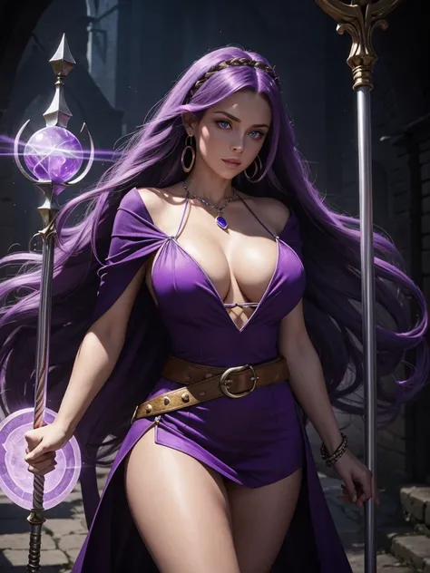 Beautiful Caucasian woman. Fitness body. Big, round breasts. Just one woman. Alone. Western woman. Long hair with 1 braid. Purple hair. Bright purple eyes. Woman cosplaying as the character Yellow Sorceress from the game Gauntlet Dark Legacy. She is wearin...