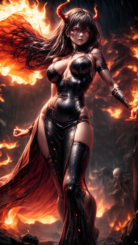 Cinematic effects, raining blood, from below, masterpiece, highest quality, dragonlady queen, perfect demoness, long legs, hourglass figure, curvy hips, perfect eyes, detailed eyes (1.4), slashed up body, cuts and deep wound on body, scars on face, villain...