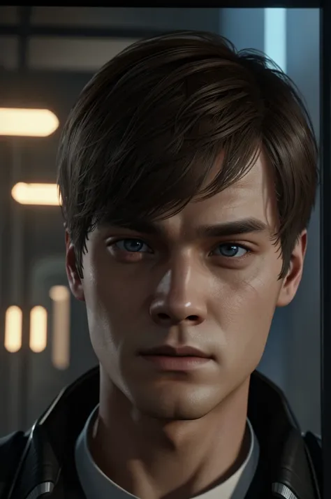 Screenshot of Detroit Become human, with Kim Taehyung in the, Dark brown hair, slanted hazel eyes, defined face without anyone type of facial fleece 