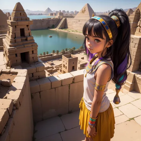 Cute ancient Egyptian 15 year old girl、A hill overlooking the colorful temples of ancient Egypt、A colorful view of the whole city、whole body、Low - Angle、Standing posture、View of the Nile