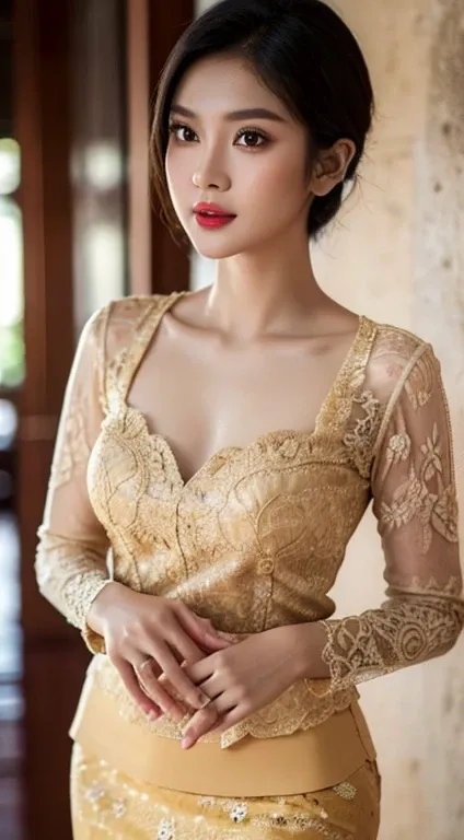 1 Indonesian girl, 25 years old, short fashion hair, slim body, (puffed breasts), ample cleavage, skintight beige lace kebaya, batik skirt, masterpiece, highly detailed, ultra hd, 8k, detailed face, bright eyes, perfect eyes, detailed skin texture, detaile...