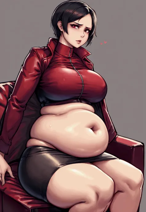 Ada Wong, resident evil, art by kipteitei, 1girl, massive hanging round jiggly belly, massive round juicy breasts, massive thighs, very short pencil skirt, reviling underwear, red jacket, black shirt, black hair, holding belly, laying on her back on a whit...