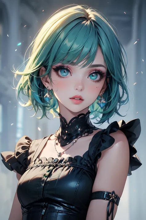 (highest quality, masterpiece), One girl, beautiful girl, blue and green odd eyes and_eye, ((hair color [green hair], [Pixie cut with front hair] hair)), Earrings, lips, Short sleeve,Realistic, Tight waist, Charm, Colorful Makeup, Long eyelashes, Fair skin...