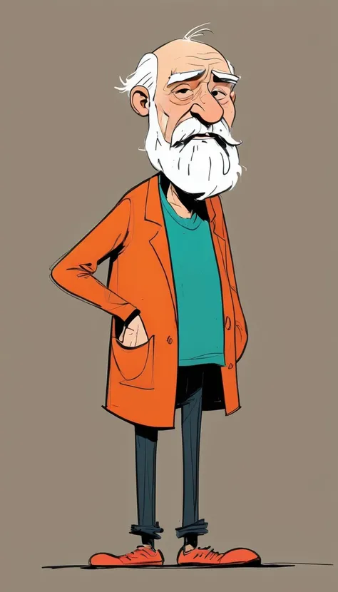 (((Exaggerated digital character sketches:1.37))).(Bearded old man)，(Black sketch lines，Loose brushstrokes create the outline，Cartoon Style. Bright colors and simplified lines, sketch)。(Exaggerated body movements，Long legs),(fear）