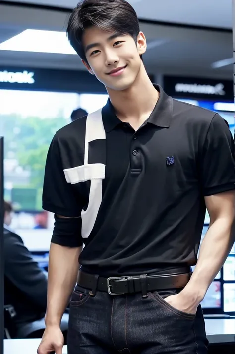 ((realistic daylight)) , (Korean guy in black polo shirt only) , Jeans, A handsome, muscular young Asian man looks at the camera.  , In a computer shop ,turn sideways, smile