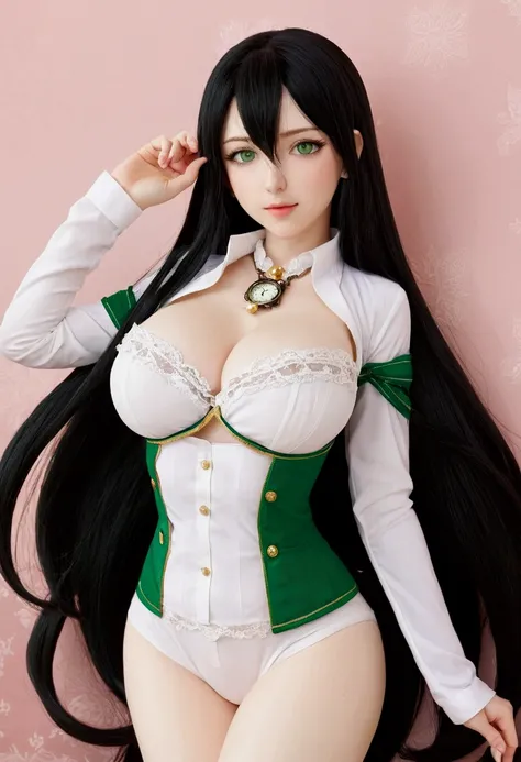 *Nazaki:long black hair,green eyes, Pale skin, height 1.62,pear clock figure, small waist, thighs, hips,big butt and huge breasts xdd (Aid).*
