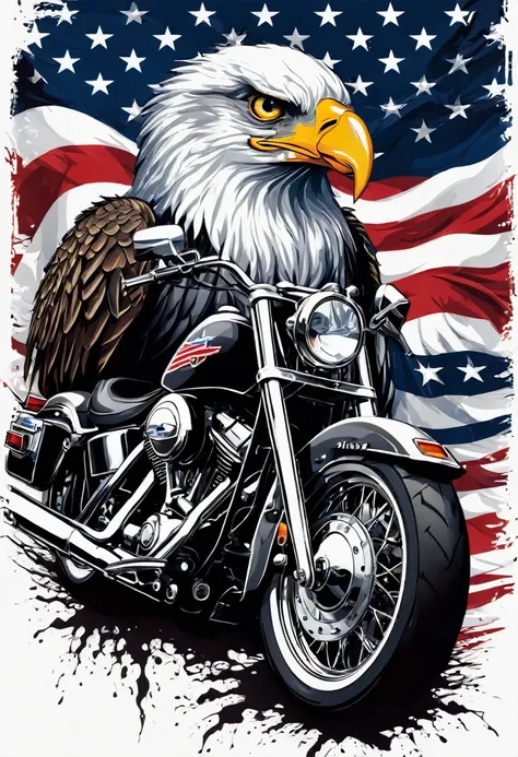 t-shirt designs, create a menacing white t-shirt with a full harley motorcycle, background with american flag and an eagle emble...