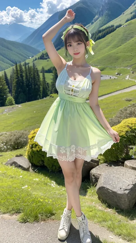 Masterpiece, top quality, photorealistic, super high quality, super high resolution, detailed image, super cute Japanese 20 year old girl standing in the mountains, full body, full body shot, cute white floral dress, exposed shoulders, 75cm chest, smaller ...