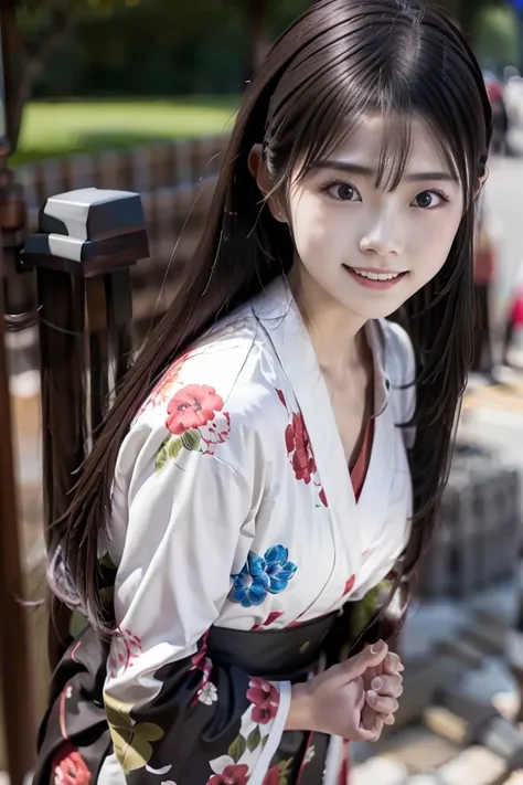 night、girl in red floral yukata robe, wave at the camera, wave hands(8k, top quality, high definition, the best masterpiece, chi...