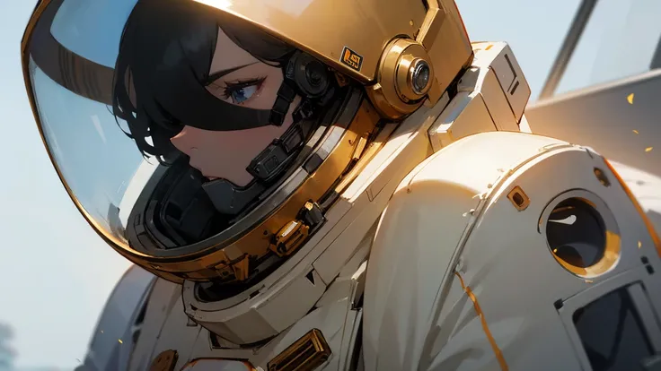 an astronaut wearing a helmet painted, close-up, Walking on blooming roses, upper-body, militaristic realism, HD mod, dark gold, distinctive noses --AR 69:128 --v 6. 0 --s 750