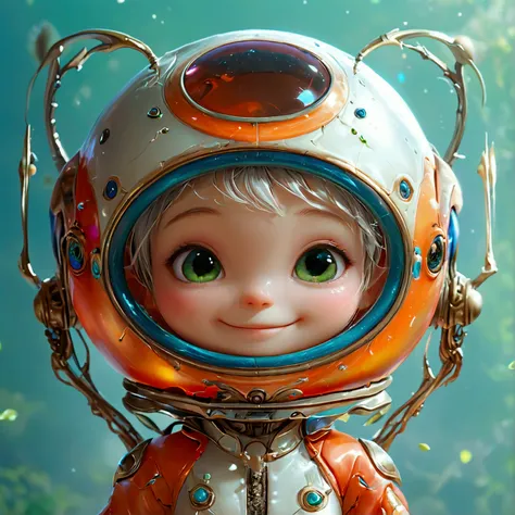 Round frame、Round frameのかわいい宇宙人のキャラクター、Realistic expression、Photorealistic、Anime Style、high quality、High resolution、Cheerful characters、Retouching、Fantasy Background、Smiling alien character in a frame