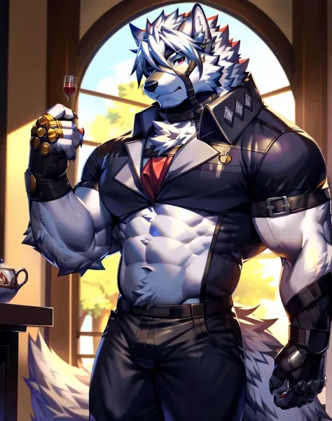 solo, anthro, furry, furry male, wolf, ((fluffy fur, fluffy, furry body)), (wolf print), red eyes, hair tuft, long hair, (light blue body, blue body, lean muscles), wolf tail, ((white hair,)), (white muzzle, white forearms), leg raised, pocket watch, gold ...