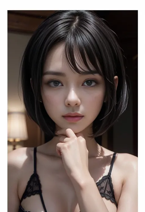 (Best quality, 8k, 32k, Masterpiece, UHD:1.2) "Generate a captivating artwork featuring a young Japanese girl model with short, sleek black hair styled in a chic bob haircut. Envision her bathed in dramatic cinematic lighting, creating an atmosphere of all...