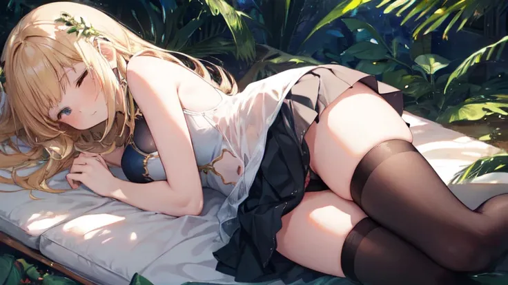 super high quality, Super detailed, Ultra-clear, forest, one person, long blonde hair, sleep, Swimsuit, Clothes with intricate details, mini skirt, Stockings