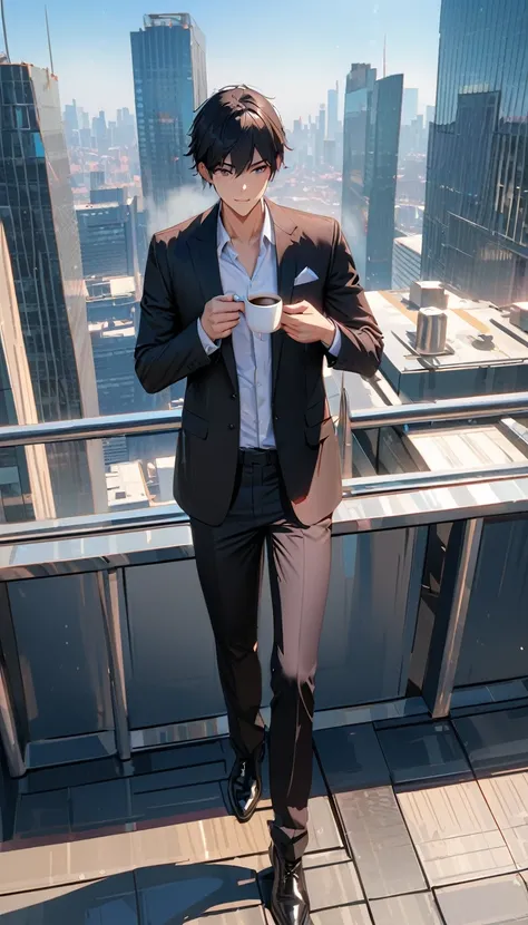 modern, Verism, masterpiece, textured skin, super detail, best quality, 4K , 　A  man with short black hair is standing on the rooftop of an office building, holding a cup of coffee in one hand. Surrounding him are other tall buildings, and the weather is c...