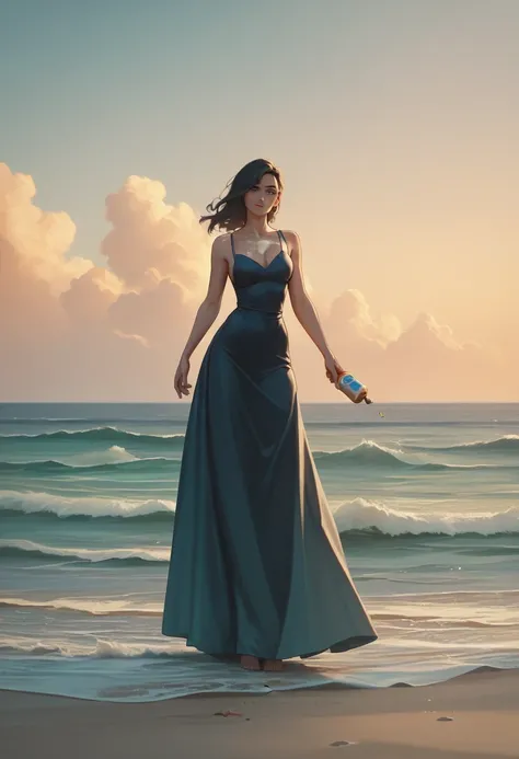 (Masterpiece. Uhd. Oil paint) a giant wild dragon in the sea looking at woman in satin evening gown standing on the beach. The woman appears to be tiny compared to the dragon size.Wind. Early morning light.movie scene. Dramatic light.