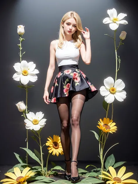 ((masterpiece)),(((Highest quality))),Thin thighs,Long legs,whole body:1.5，(One Girl:1.3),(Black pantyhose and thick pointy heels：1.3),(Wearing a floral mini flare skirt dress:1.2),Short Blonde:1.2、Model pose，high waist:1.5、