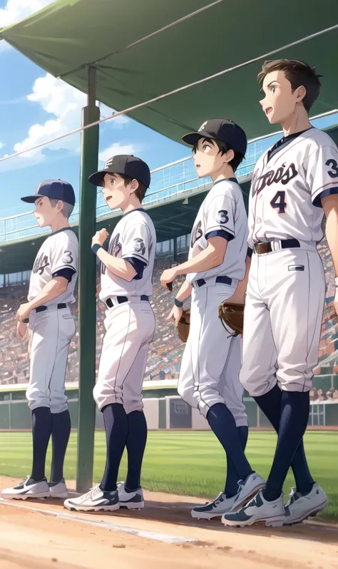 Five people praise one boy at the baseball field