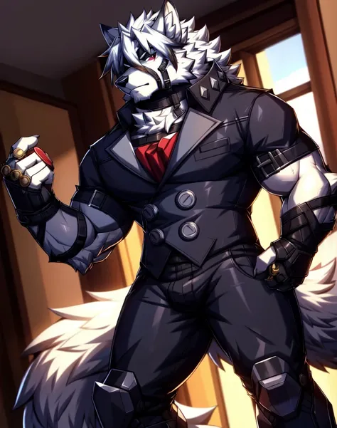 solo, anthro, furry, furry male, wolf, ((fluffy fur, fluffy, furry body)), (wolf print), red eyes, hair tuft, long hair, (light blue body, blue body, lean muscles), wolf tail, ((white hair,)), (white muzzle, white forearms), leg raised, pocket watch, gold ...