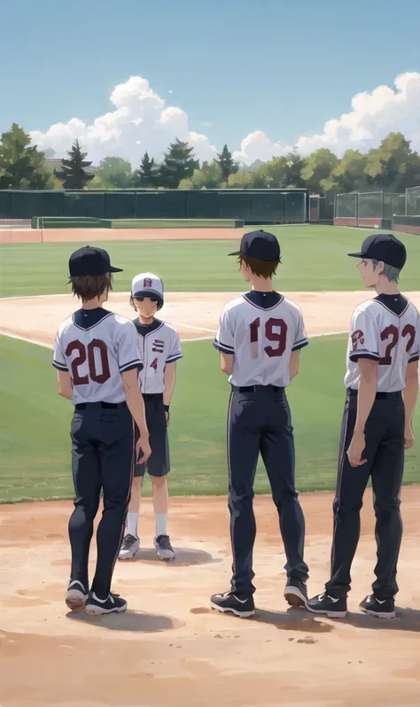 Five people praise one boy at the baseball field