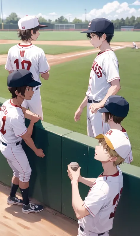 Five people praise one boy at the baseball field