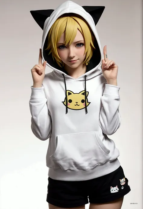 (masterpiece), (Highest quality), (figure), (Very detailed), (High resolution), Absurd, girl, (kagamine-rin), (Vocaloid), smile, short hair, Hair Clip, (Cat ear hoodie), Wearing a hooded hat, Manga is tiring, blush, Black shorts, (Rubio), (Number 02 tattoo...