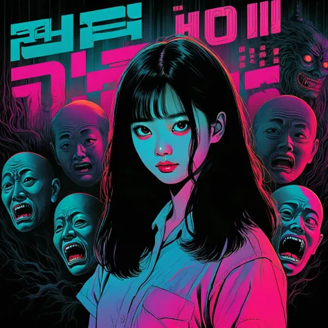 An illustration、art、80s Thai horror movie poster, Supervised by Junji Ito、Attention to detail, Realistic Shadows、Analog Style, chromatic aberration, Surrealism、Complementary Gradient