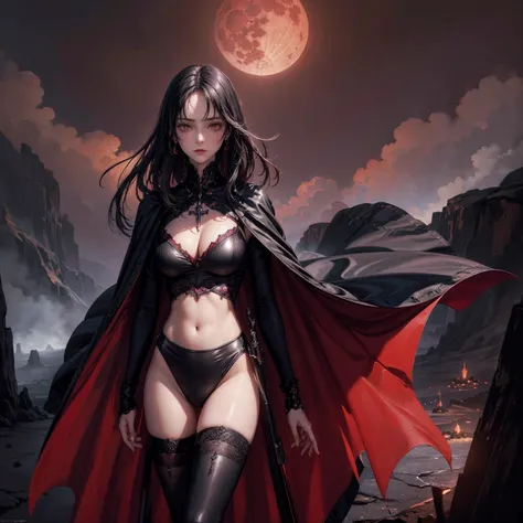 best quality, 4K, high resolution, masterpiece:1.2, Very detailed, actual:1.37, Mood lighting, Girl in a long cape, Wearing a reflective rubber bra and a pair of knee-high stockings, Exposes the navel, Aloofness emotion, Black Hair, Standing, Facing to the...