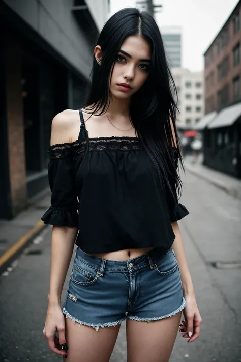 a beautiful 18 year old slim and sexy woman, emo girl, black dress, denim shorts, detailed face, long eyelashes, intricate makeup, moody expression, cinematic composition,  grungy urban environment