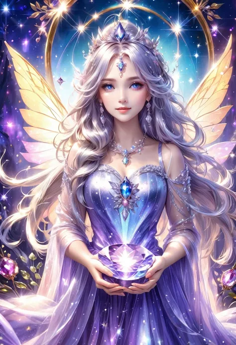 A beautiful fairy girl with long silver hair, jeweled wings, a jeweled tiara on her head, wearing sparkling fairy clothes, holding a large jewel in front of her chest, a delicate and fantastical background, sparkling hair, fantastical, 1 person