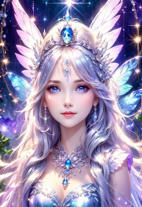 A beautiful fairy girl with long silver hair, jeweled wings, a jeweled tiara on her head, wearing sparkling fairy clothes, holding a large jewel in front of her chest, a delicate and fantastical background, sparkling hair, fantastical, 1 person