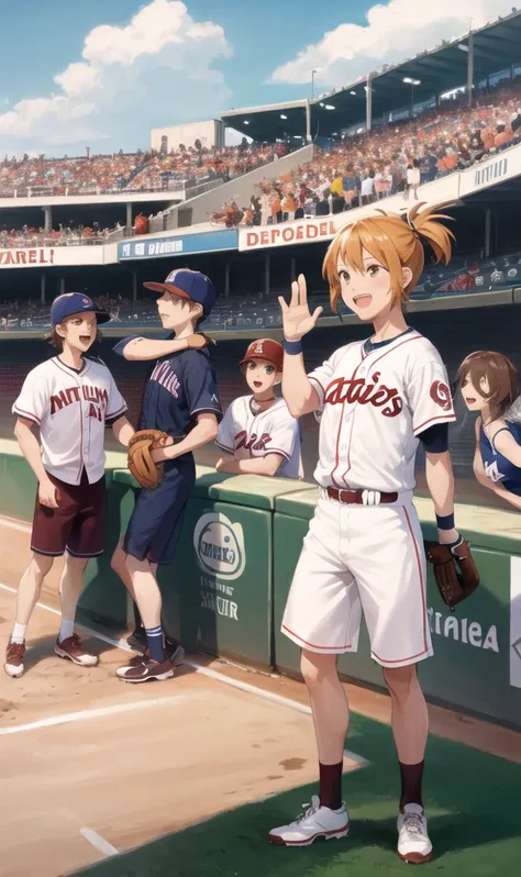 Five people celebrating a point scored at a baseball stadium